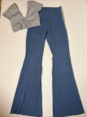 OFFLINE By Aerie Ribbed Flare Legging Set Blue Gray Matching Top M
